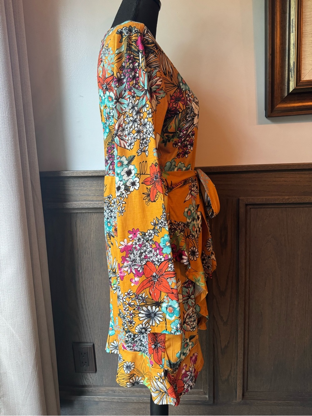 Club L London Mustard Floral Tie-Waist Long Sleeve Dress 14 EUC - Picture 7 of 10